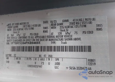 2023 Ford Transit-250 z USA, uszkodzony, nr VIN 1FTBR1C84PKB94665